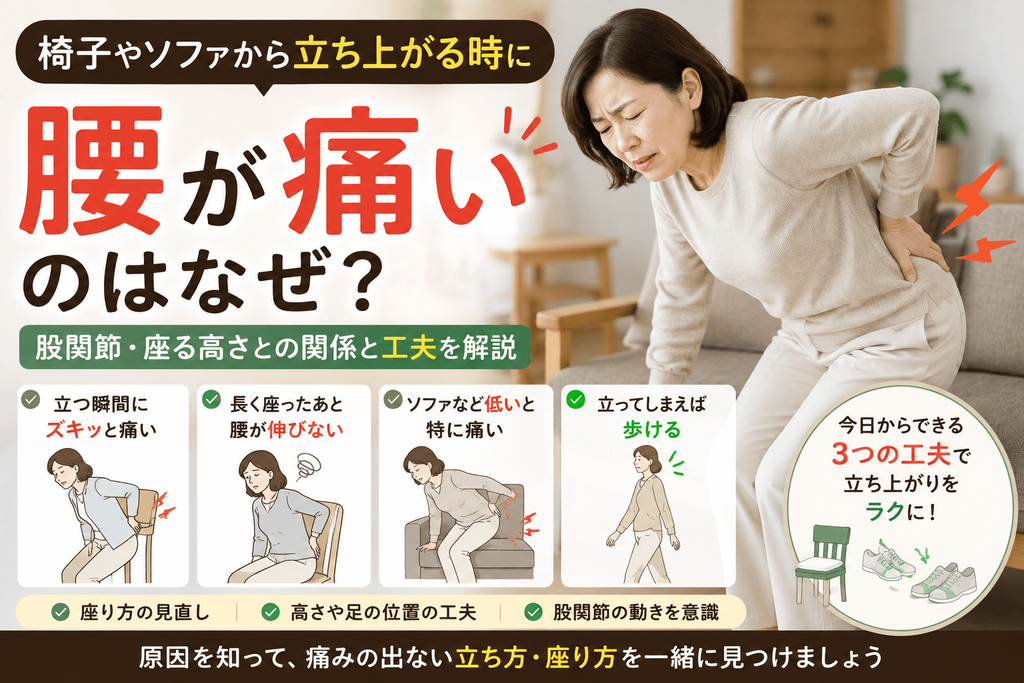 椅子やソファから立ち上がる時に腰が痛い女性と、股関節や座面の高さとの関係を解説するイラスト