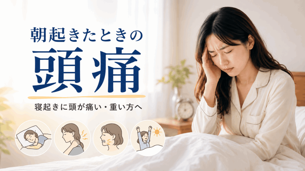 朝起きたときの頭痛や頭の重さに悩み、こめかみを押さえる女性と首肩こり・食いしばり・睡眠・いびきのイメージ｜東大阪・若江岩田のおおくま整骨院