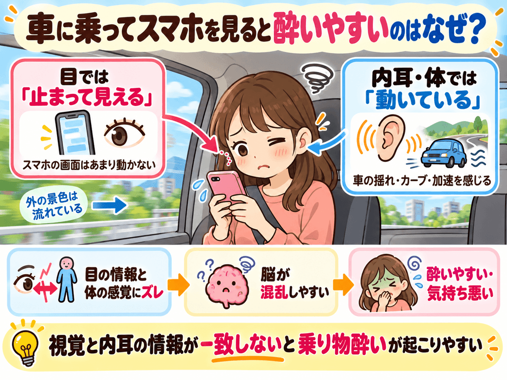 車内でスマホを見ると視覚と内耳の情報がずれて乗り物酔いが起こる仕組みのイラスト