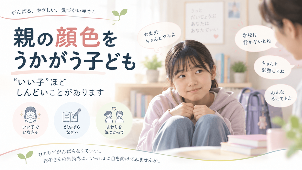 親の顔色をうかがい、自分の気持ちを言えずに悩む不登校の子どものイラスト
