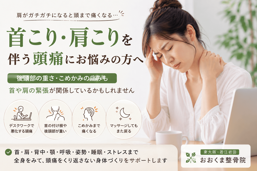首こり・肩こりと頭痛に悩み、こめかみと首を押さえる女性のイメージ|東大阪・若江岩田のおおくま整骨院