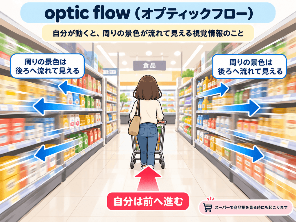 スーパーを歩くと左右の陳列棚が後方へ流れて見えるoptic flowの説明イラスト