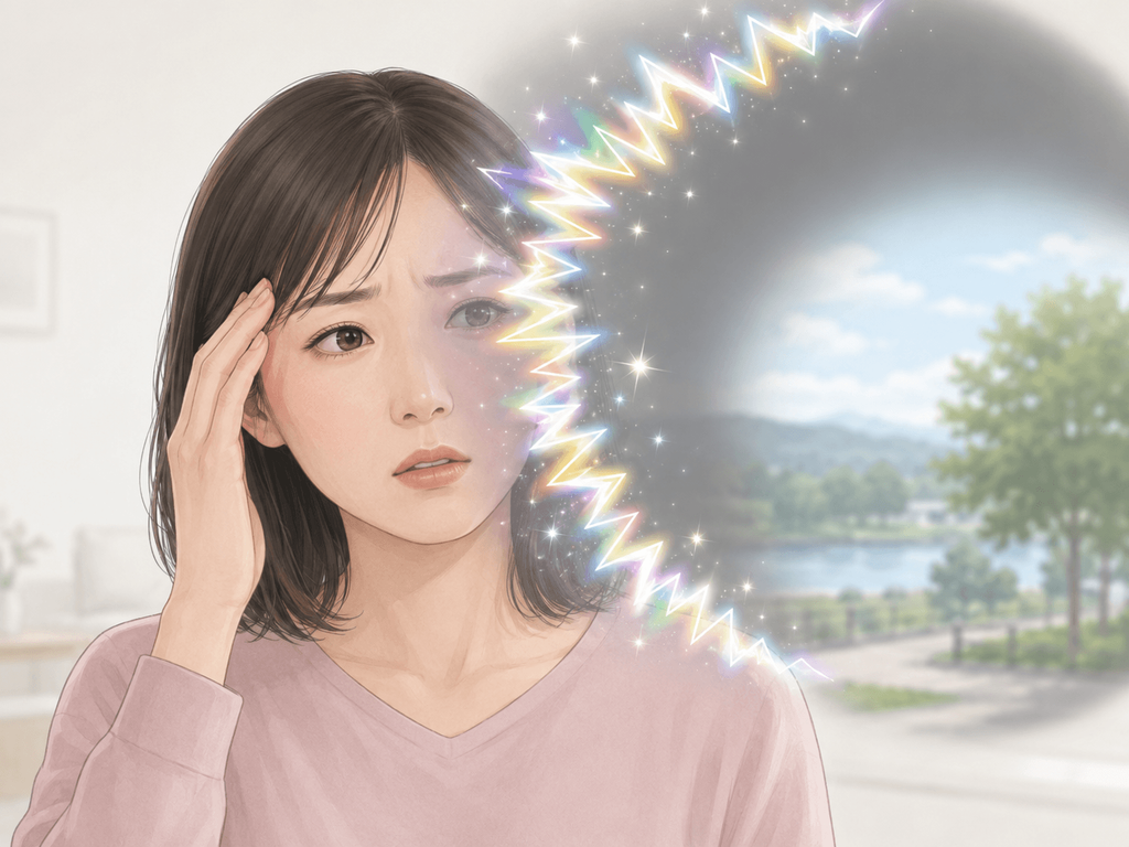 目の前にギザギザした光やキラキラした模様が広がる閃輝暗点の見え方を表したイメージ図