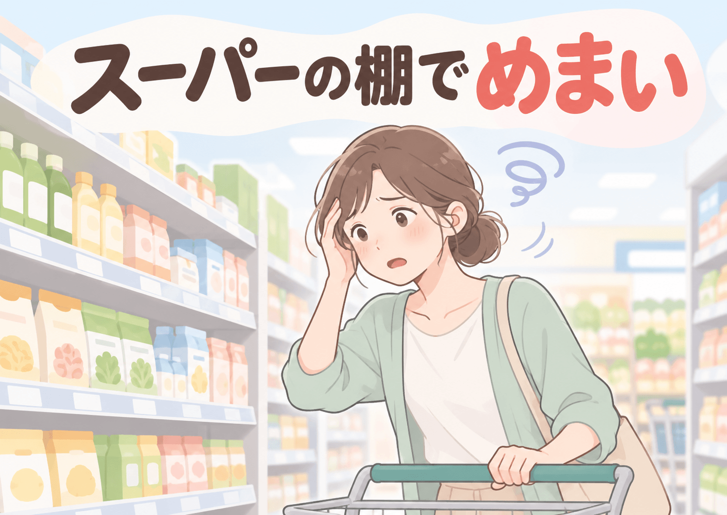 スーパーの陳列棚を見てめまいを感じる女性のイラスト