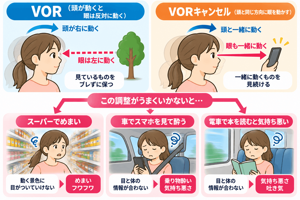 VORとVORキャンセルの働きとめまい・乗り物酔いとの関係を説明したイラスト