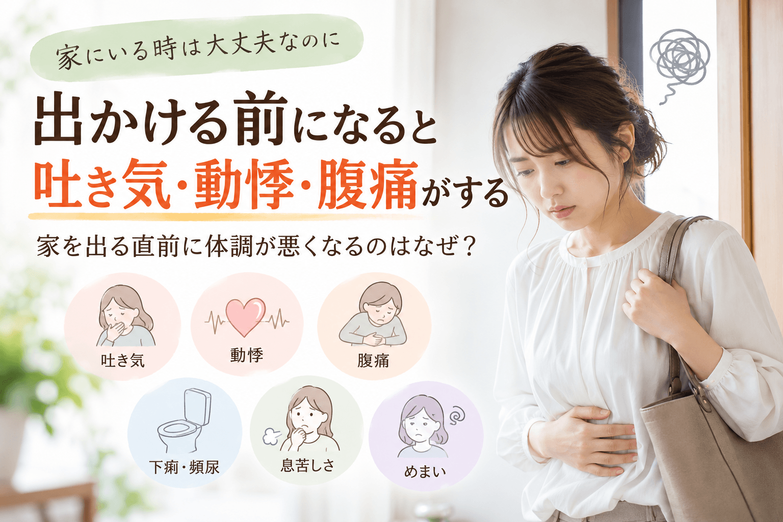 出かける前になると吐き気・動悸・腹痛などの体調不良が出る女性のイメージ