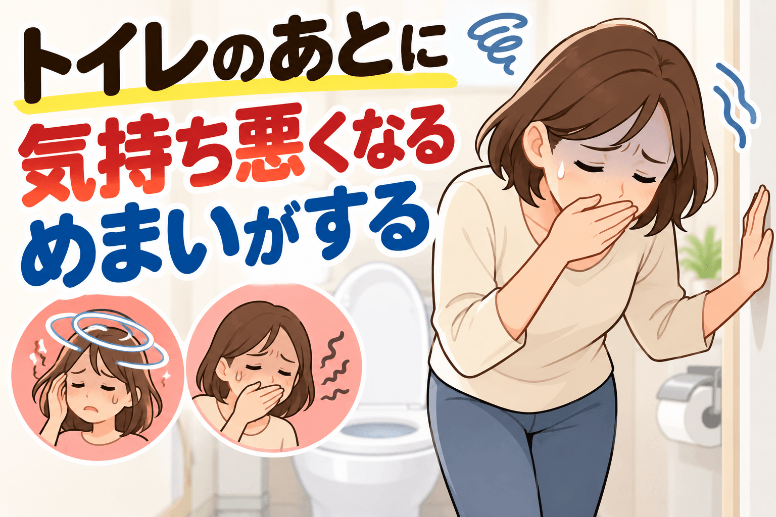 トイレのあとに吐き気やめまいを感じ、口元を押さえて壁に手をつく女性のイラスト。排便後に起こる気分不良を表現。
