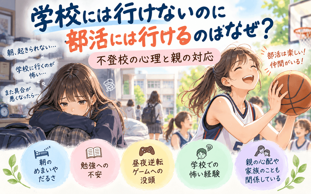 学校に行けず悩む女子高生と、バスケットボール部で楽しそうに活動する女子高生のイラスト。学校には行けないのに部活には行ける理由と不登校の心理を解説。