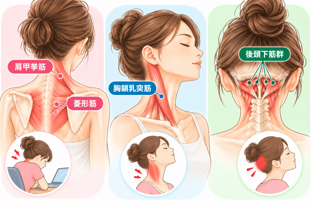 ふわふわめまいの方に多い筋肉の緊張を解説した解剖イラスト。肩甲骨内側の菱形筋・肩甲挙筋、首の胸鎖乳突筋、後頭部の後頭下筋群の位置と働き、血流・感覚受容器・ストレス・自律神経との関係を紹介。