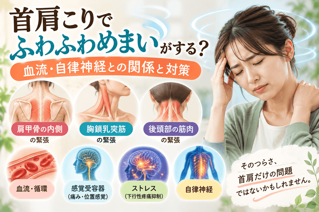 首肩こりによるふわふわめまいと血流・自律神経の関係を解説。肩甲骨の内側、胸鎖乳突筋、後頭部の筋肉の緊張と、感覚受容器・ストレス・循環の関係を女性のイラストで紹介。