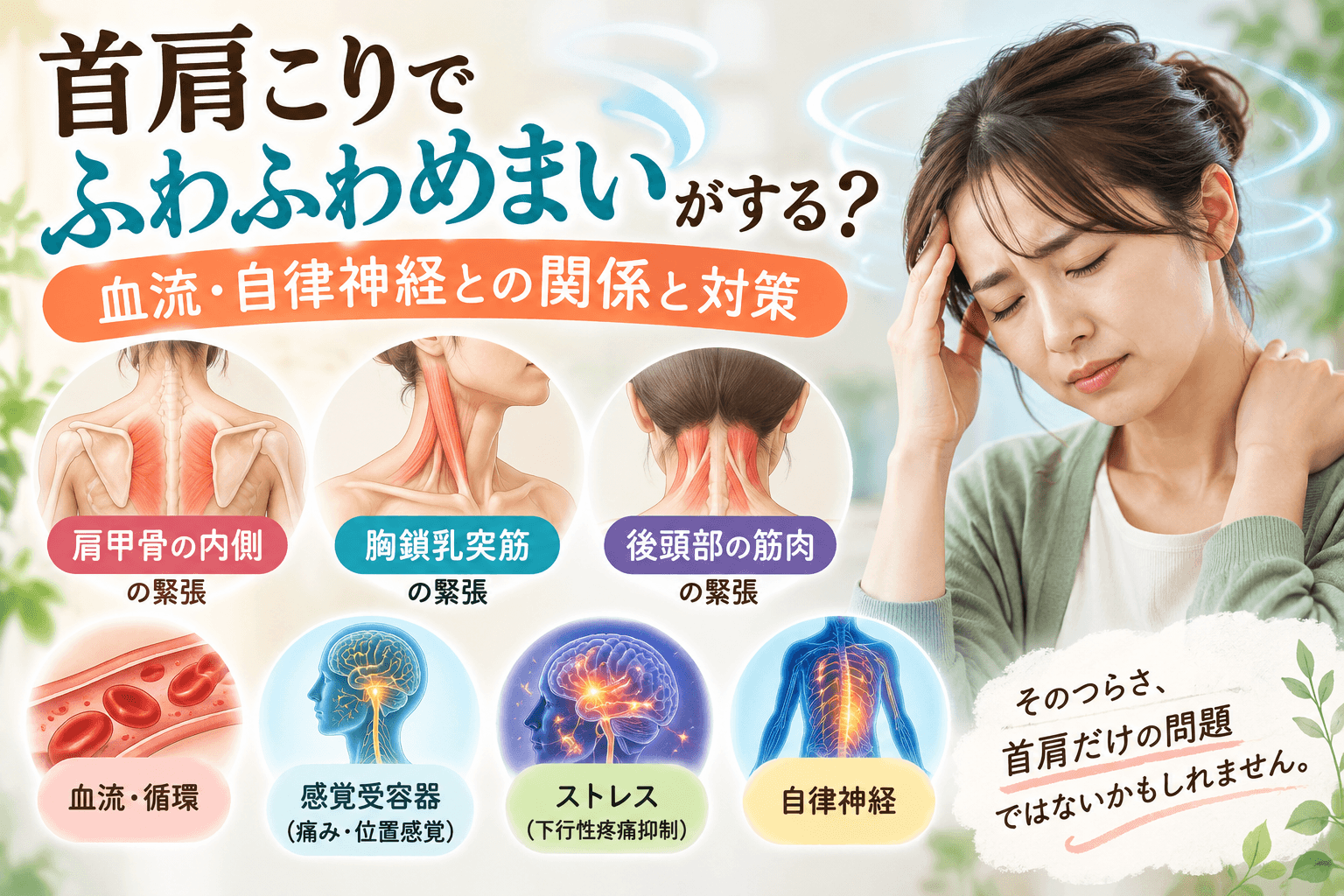 首肩こりによるふわふわめまいと血流・自律神経の関係を解説。肩甲骨の内側、胸鎖乳突筋、後頭部の筋肉の緊張と、感覚受容器・ストレス・循環の関係を女性のイラストで紹介。