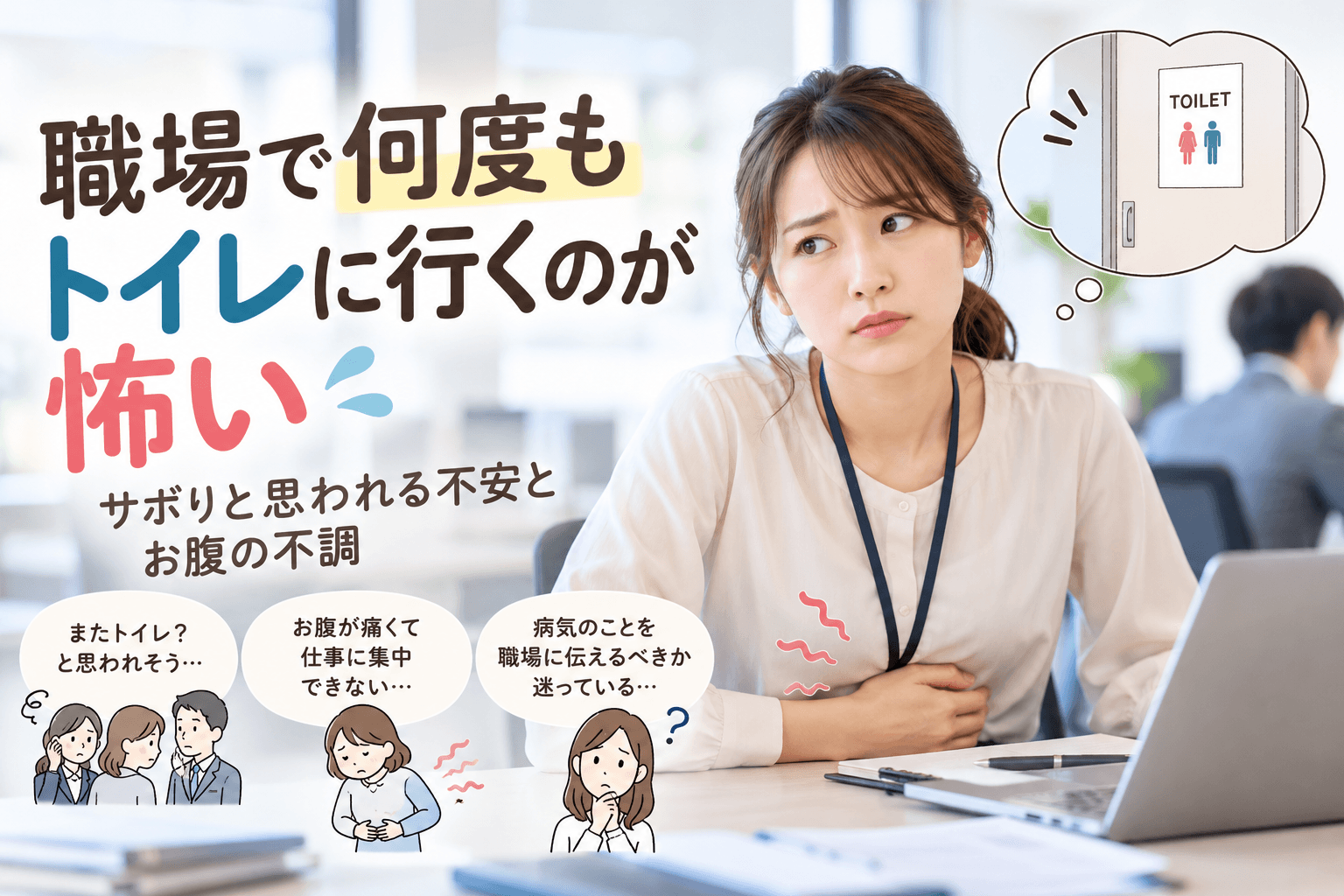 職場で何度もトイレに行くことが怖く、お腹を押さえながら周囲の視線を気にする女性。サボりと思われる不安や腹痛、職場への相談の悩みを表現した画像。