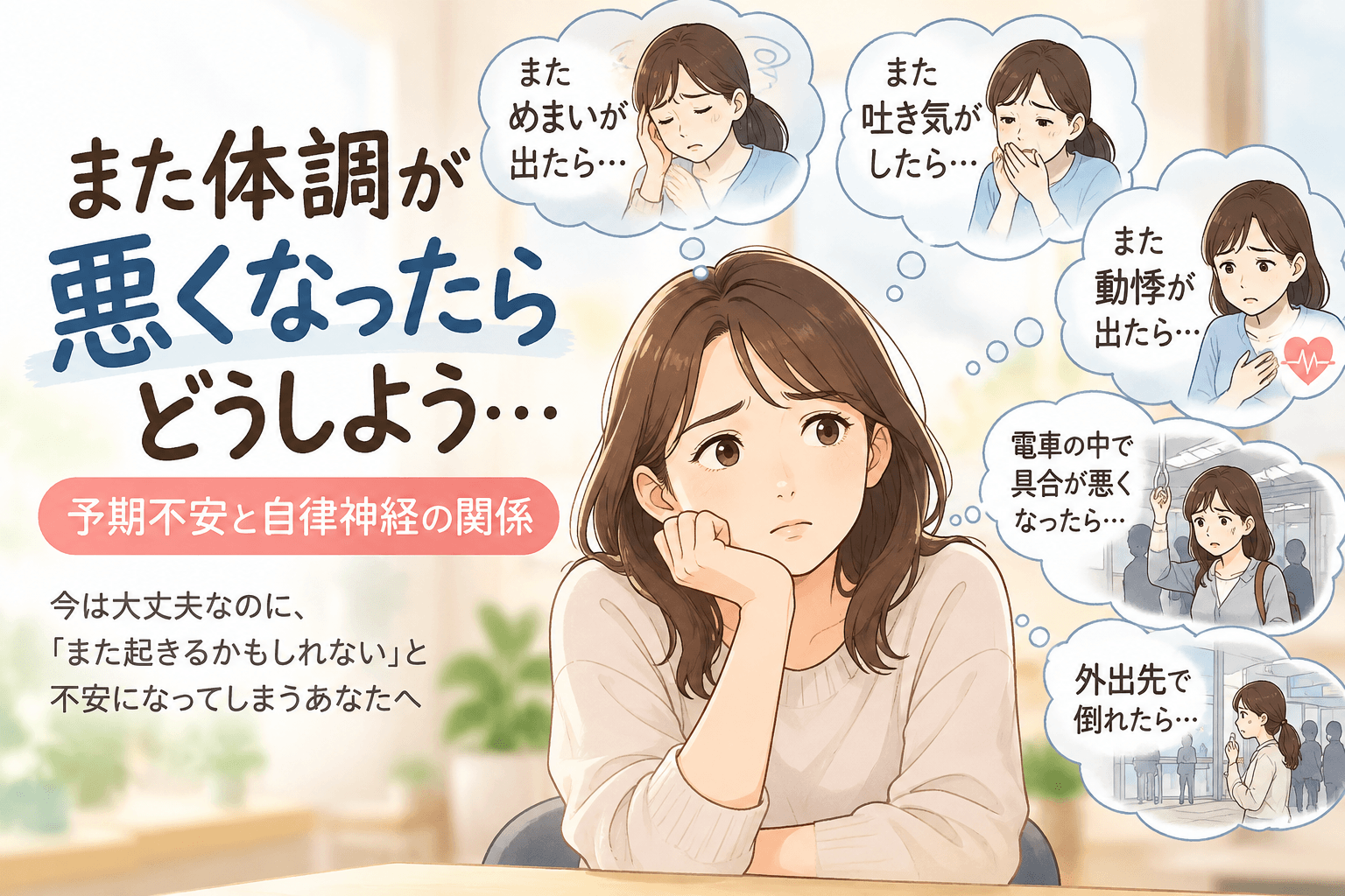 また体調が悪くなったらどうしよう」と不安を感じる女性と、予期不安と自律神経の関係をイメージしたイラスト