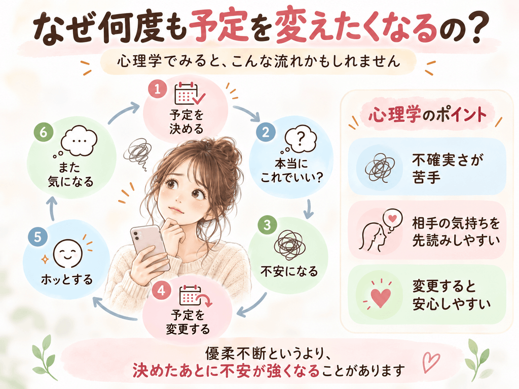 予定を決める、不安になる、変更する、安心するという予約変更の心理的な循環を説明したイラスト